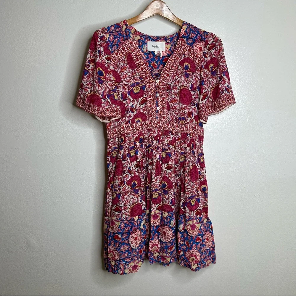 Ba&sh Valia Floral Pink Multicolor Bright Printed Mini Dress Size Small - Picture 2 of 13